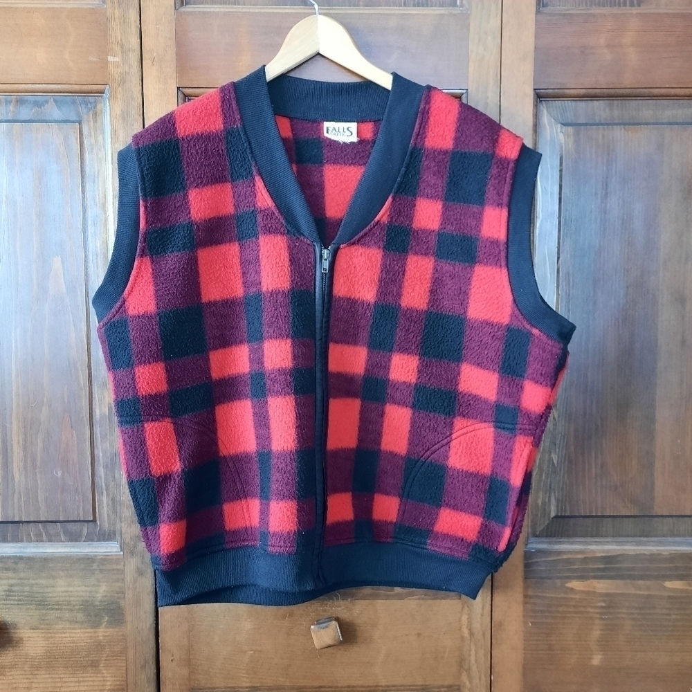 Vintage Falls Creek red and black buffalo check plaid fleece full zip vest